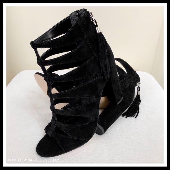 MARC FISHER BLACK CAGED SUEDE ANKLE STRAP HEELS - Picture 6 of 8